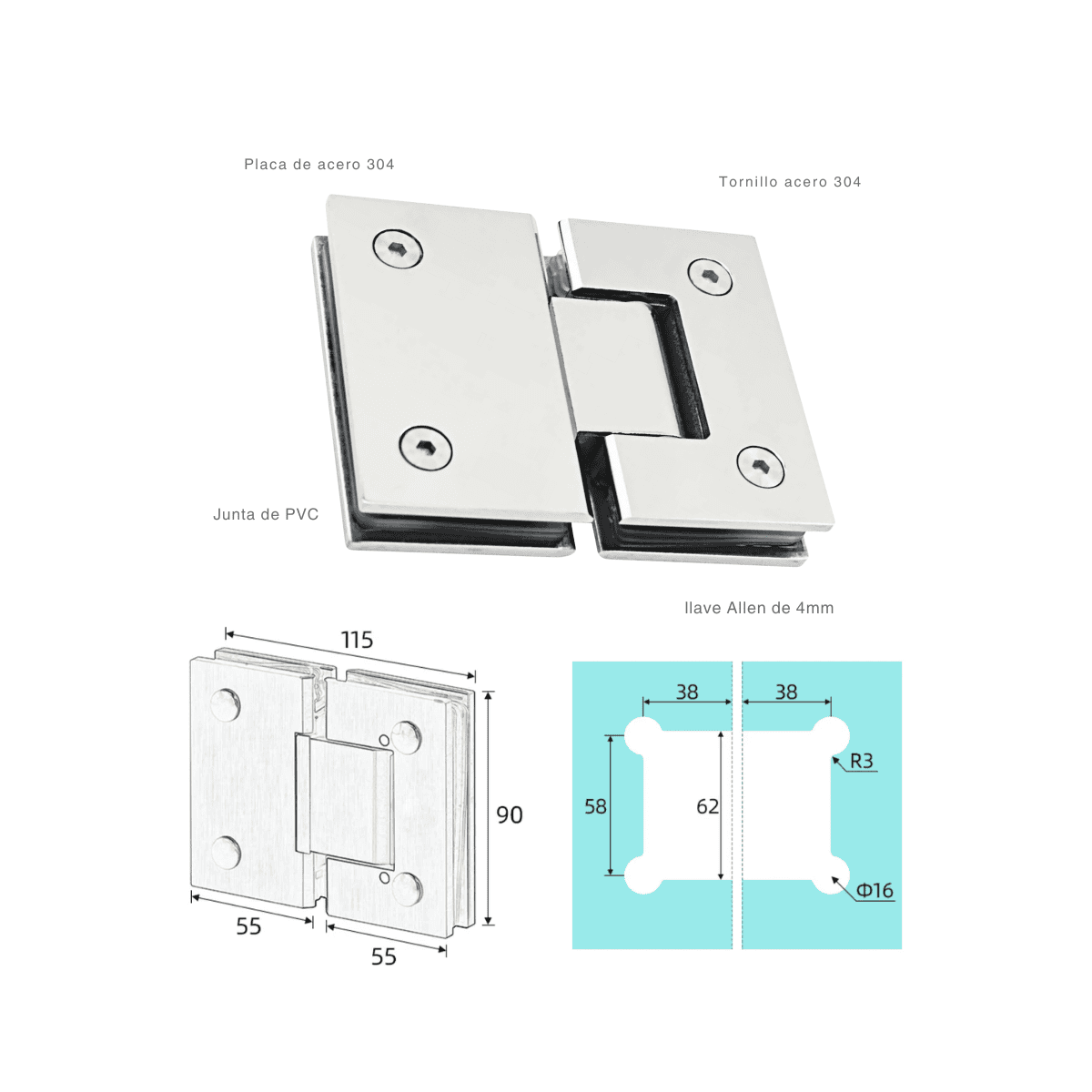 Bisagra Blindex 180 Grados Mampara Vidrio 6 A 12mm