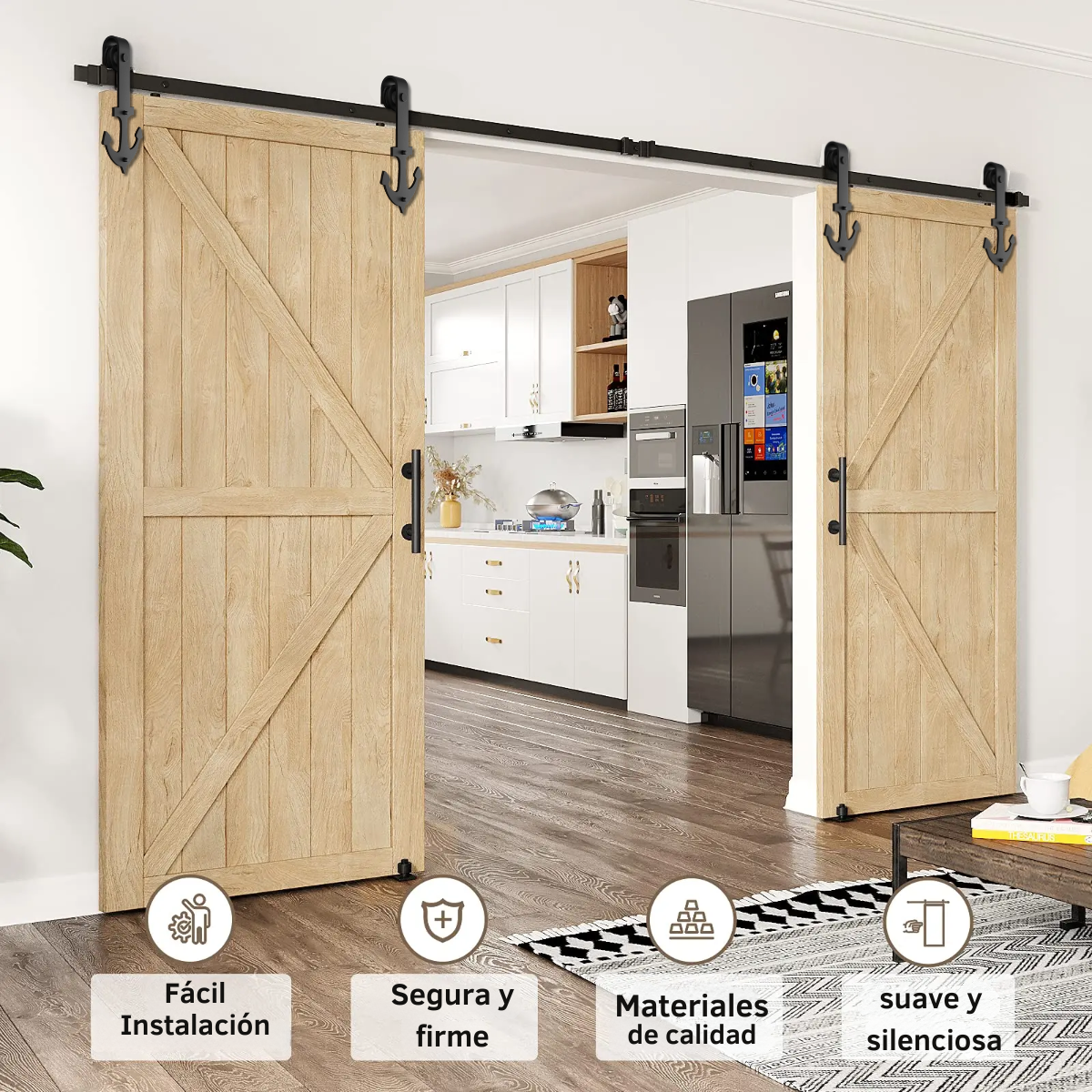 Kit Riel Granero 2m Con Ruedas Ancla Para Puerta Corrediza