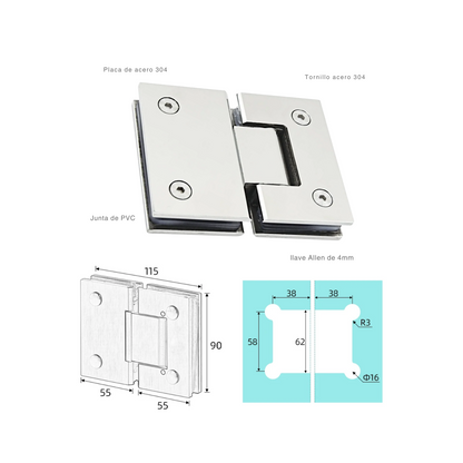 Set de bisagras blindex 180º para mampara vidrio de 6 a 12mm
